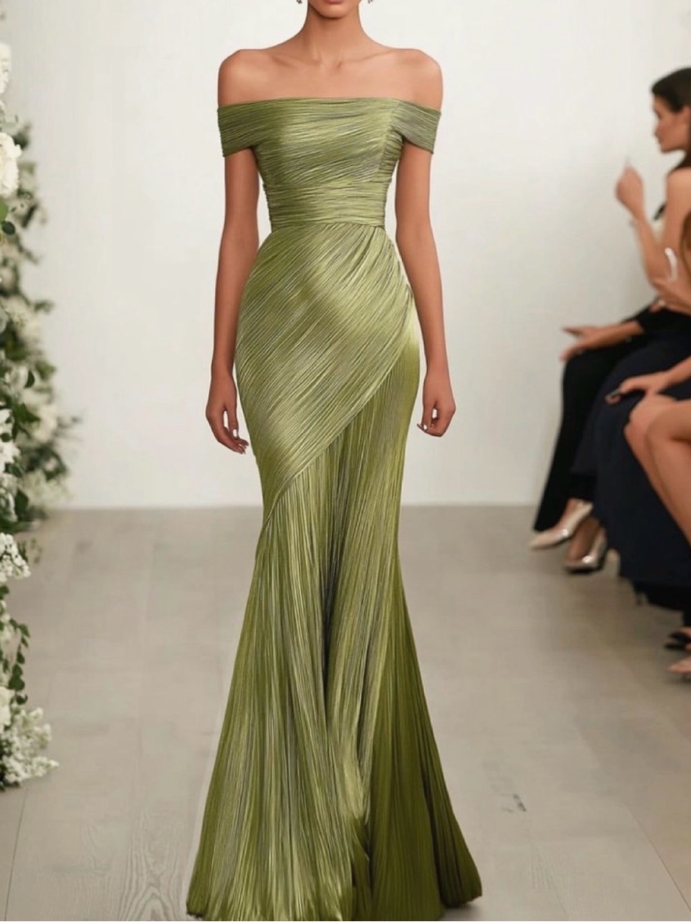 Elegant One-Shoulder Olive Green Evening Gown